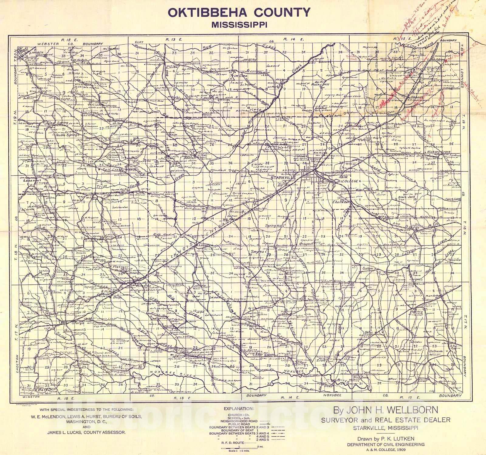 Historic Map : 1909 Oktibbeha County, Mississippi : Vintage Wall Art