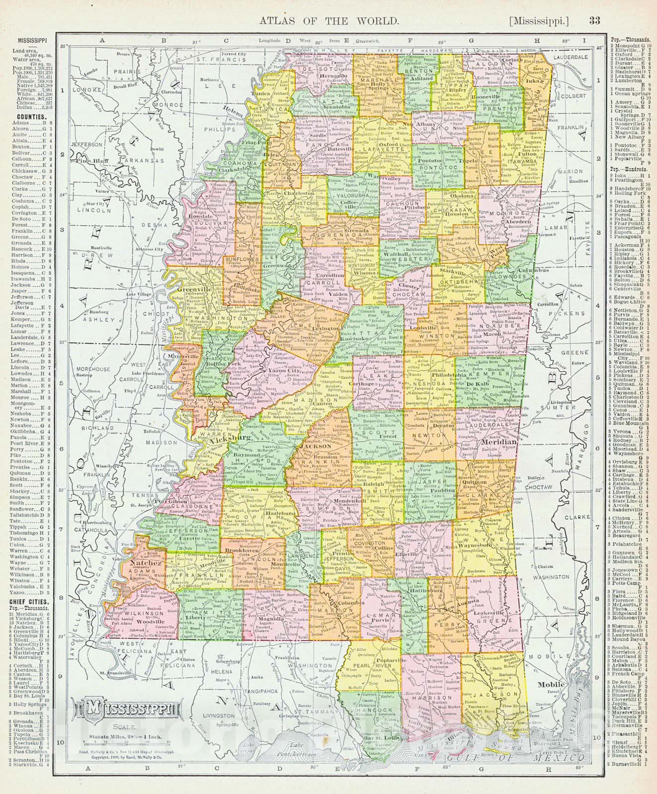 Historic Map : 1910 Rand McNally and Co.'s New Map of Mississippi : Vintage Wall Art