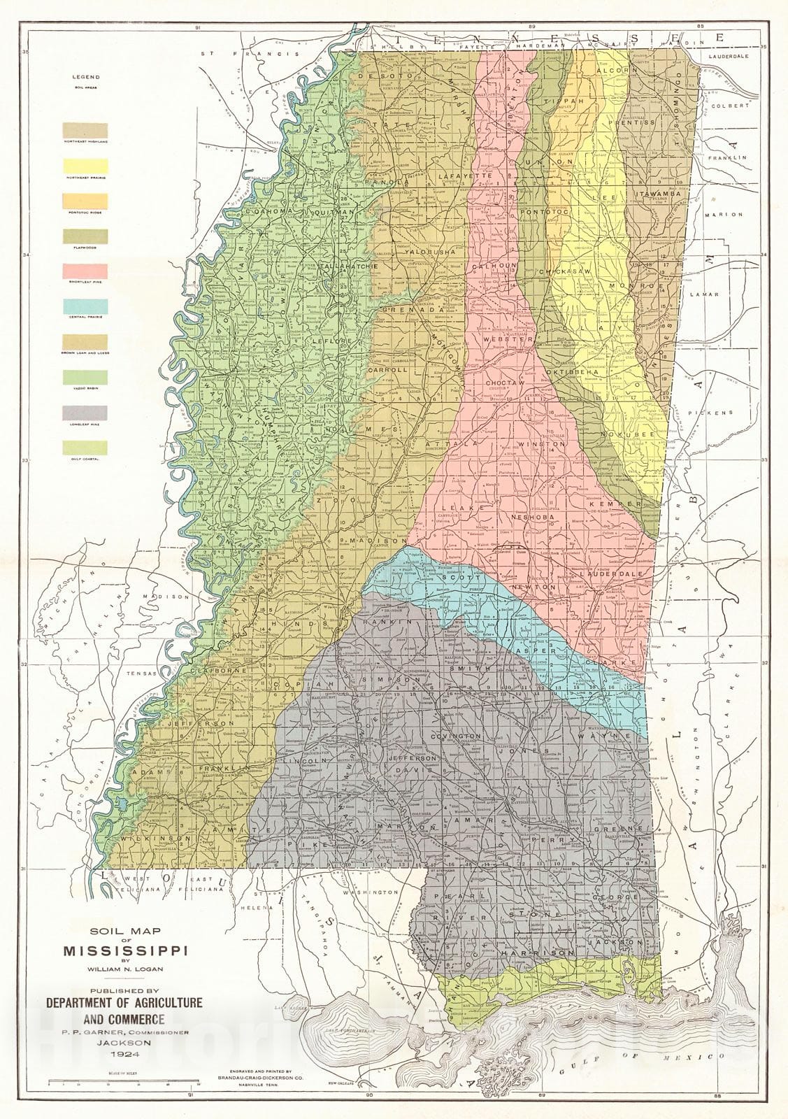 Historic Map : 1924 Soil Map of Mississippi : Vintage Wall Art