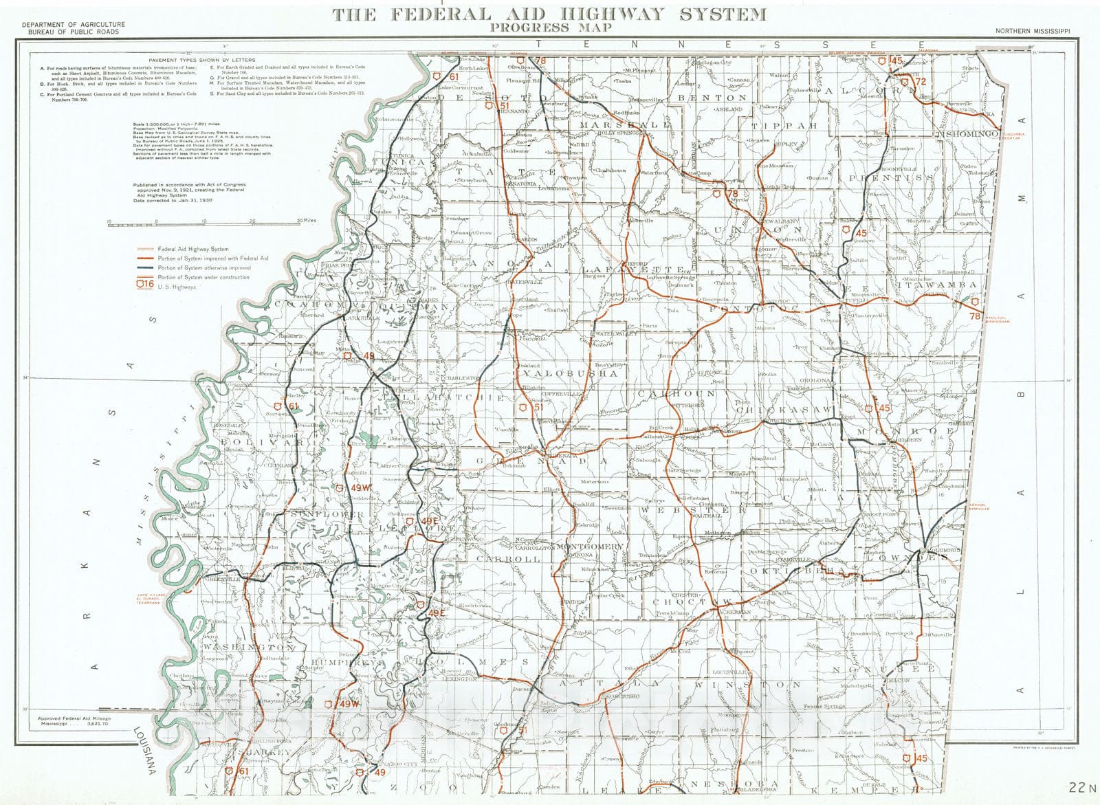 Historic Map : 1930 The Federal Aid Highway System Progress Map [Northern Half] : Vintage Wall Art