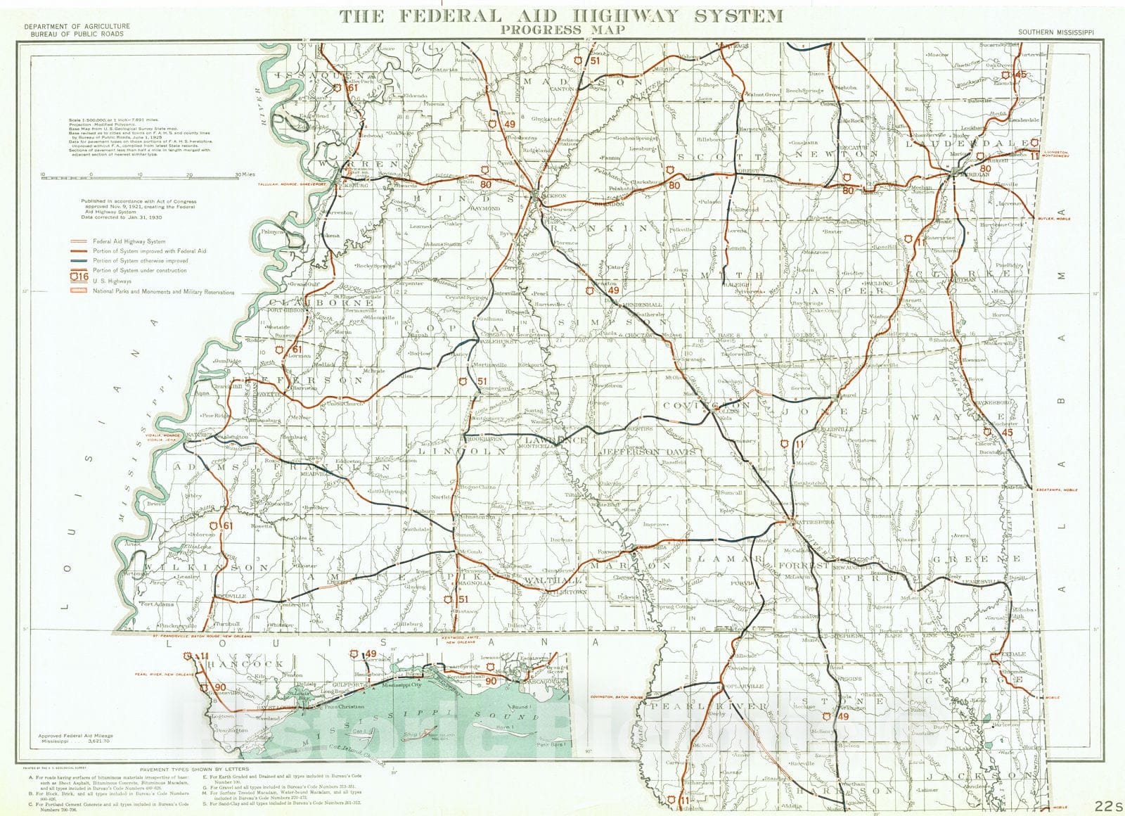 Historic Map : 1930 The Federal Aid Highway System Progress Map [Southern Half] : Vintage Wall Art
