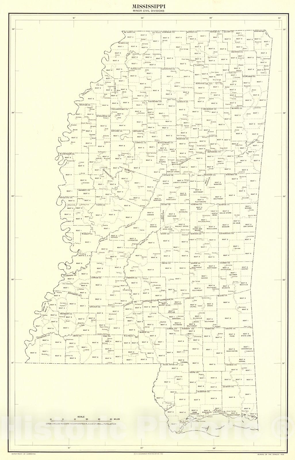 Historic Map : 1934 Mississippi Minor Civil Divisions (for the 1930 Census) : Vintage Wall Art