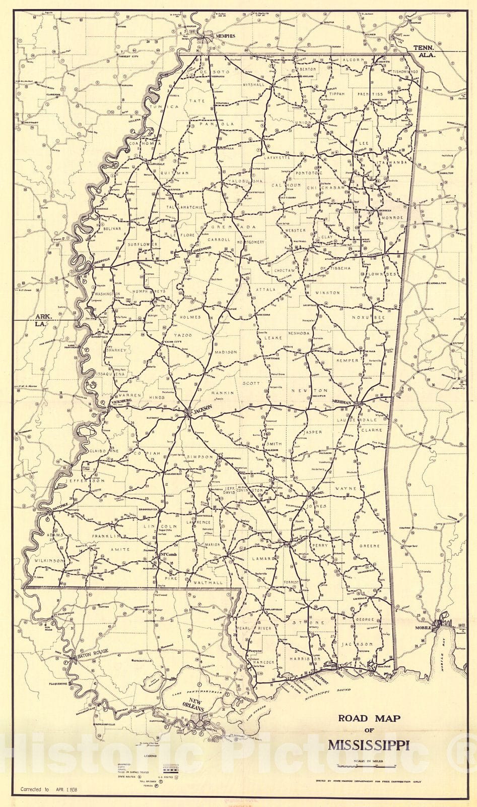 Historic Map : 1938 Road Map of Mississippi : Vintage Wall Art