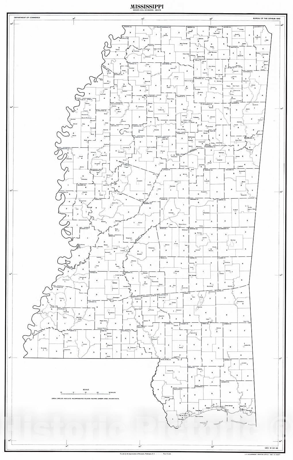 Historic Map : 1940 Mississippi Minor Civil Divisions - Beats (1940 census) : Vintage Wall Art
