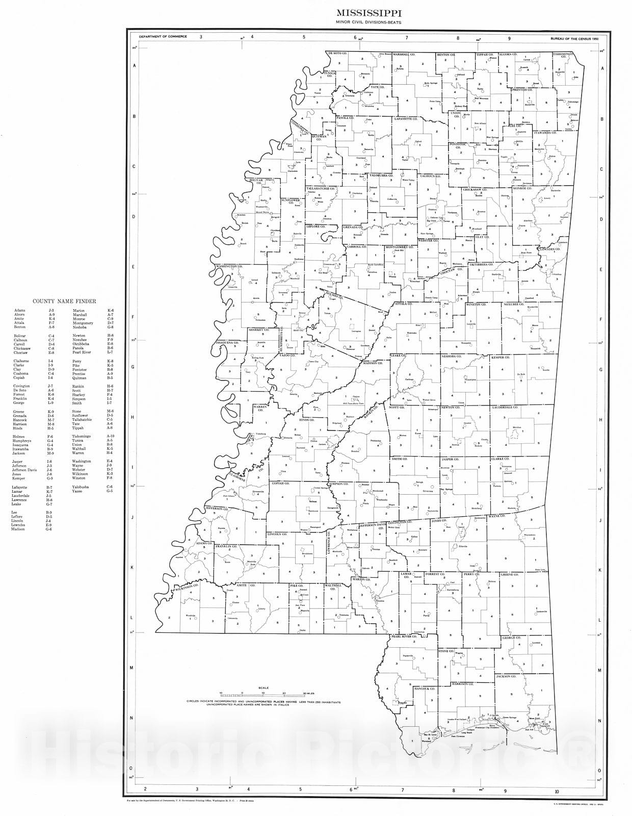 Historic Map : 1950 Mississippi Minor Civil Divisions - Beats (1950 census) : Vintage Wall Art