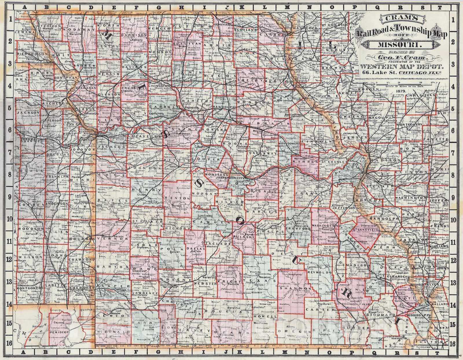 Historic Map : 1879 Cram's Railroad & Township Map of Missouri : Vintage Wall Art