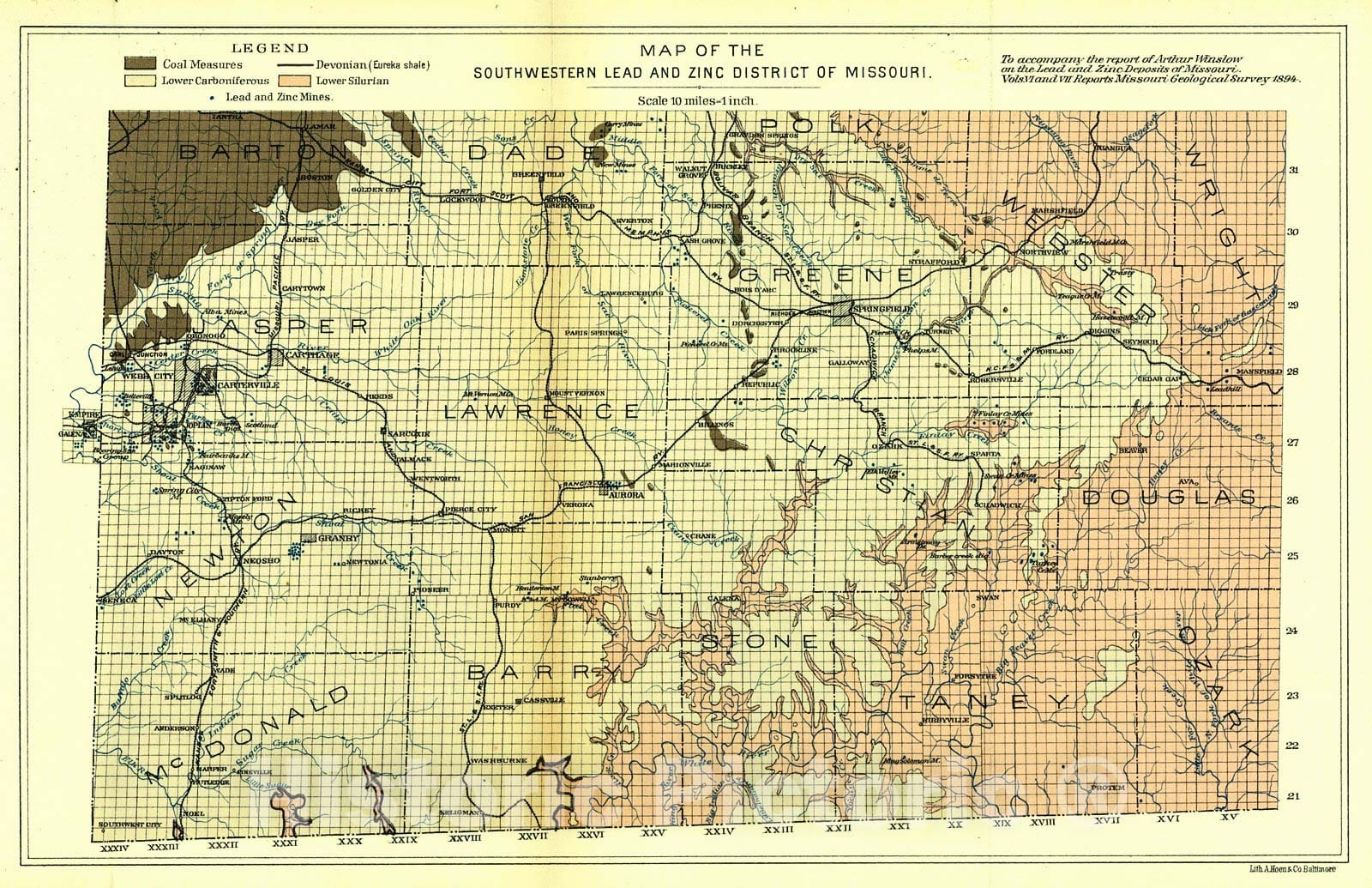Historic Map : 1894 Map of the Southwestern Lead and Zinc District of Missouri : Vintage Wall Art