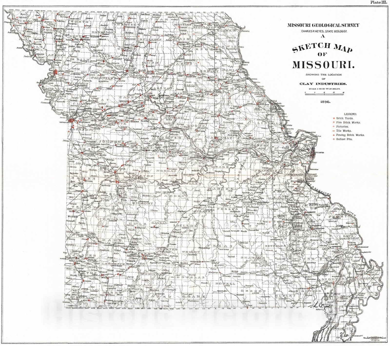 Historic Map : 1896 A Sketch Map of Missouri Showing the location of Clay Industries : Vintage Wall Art