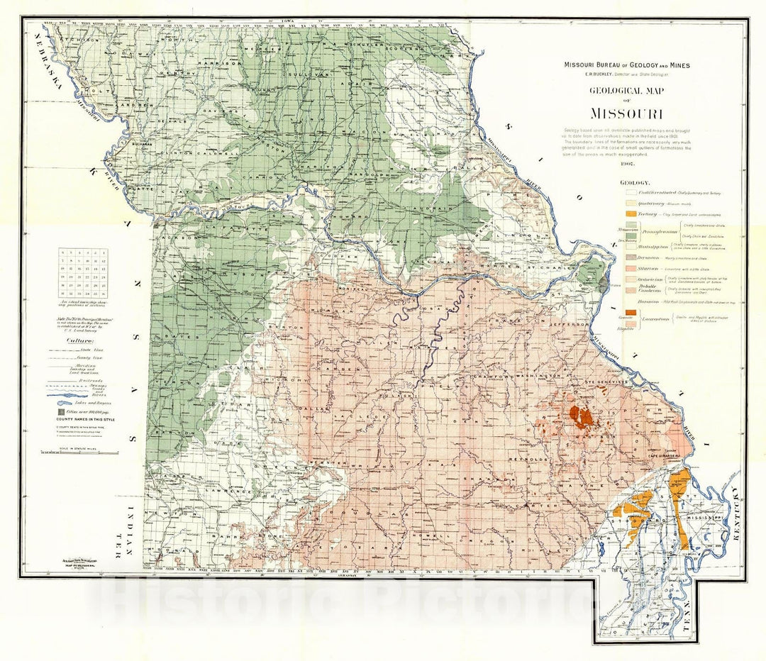 Historic Map : 1907 Geological Map of Missouri : Vintage Wall Art