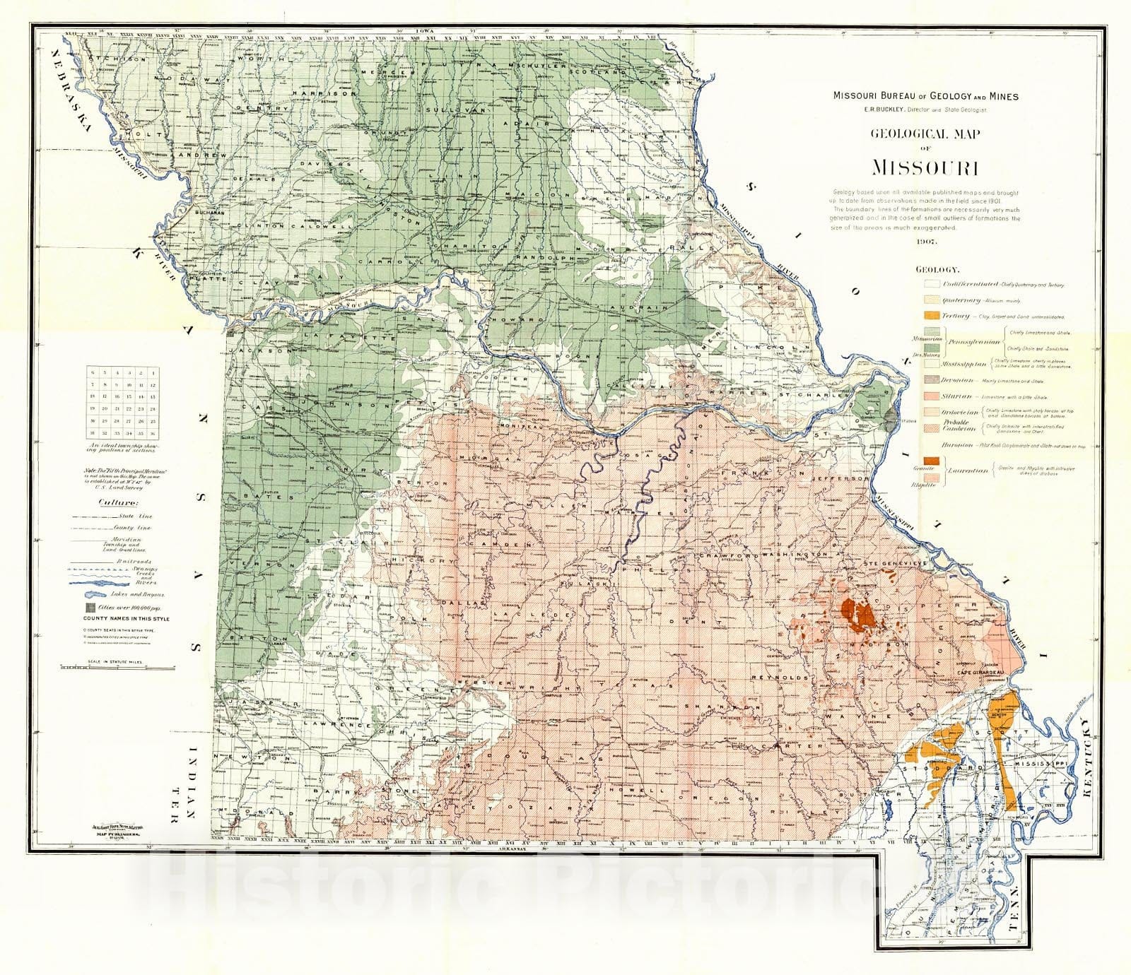 Historic Map : 1907 Geological Map of Missouri : Vintage Wall Art
