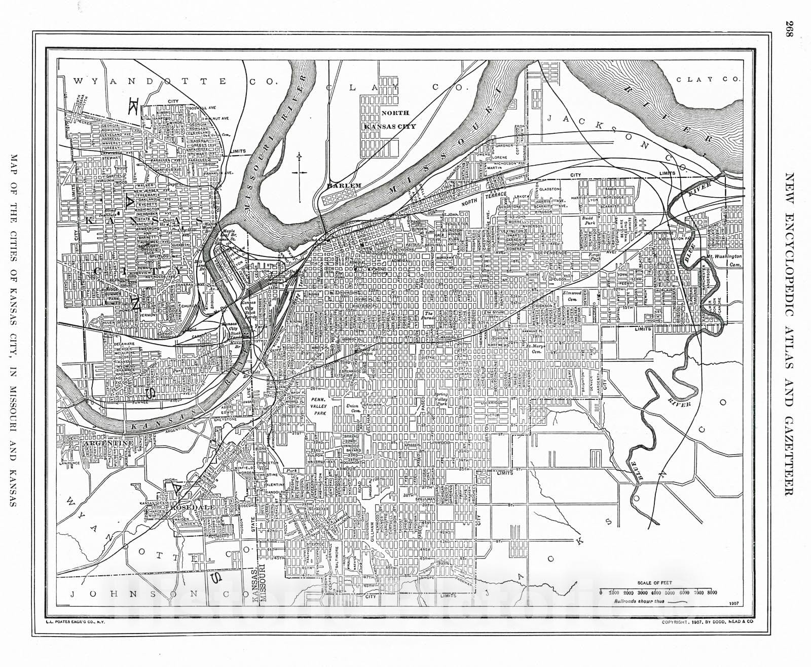 Historic Map : 1909 Map of the Cities of Kansas City in Missouri and Kansas : Vintage Wall Art