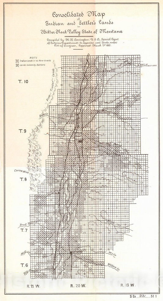 Historic Map :  Consolidated Map of Indian Settler's Lands in Bitter Root Valley, State of Montana : Vintage Wall Art