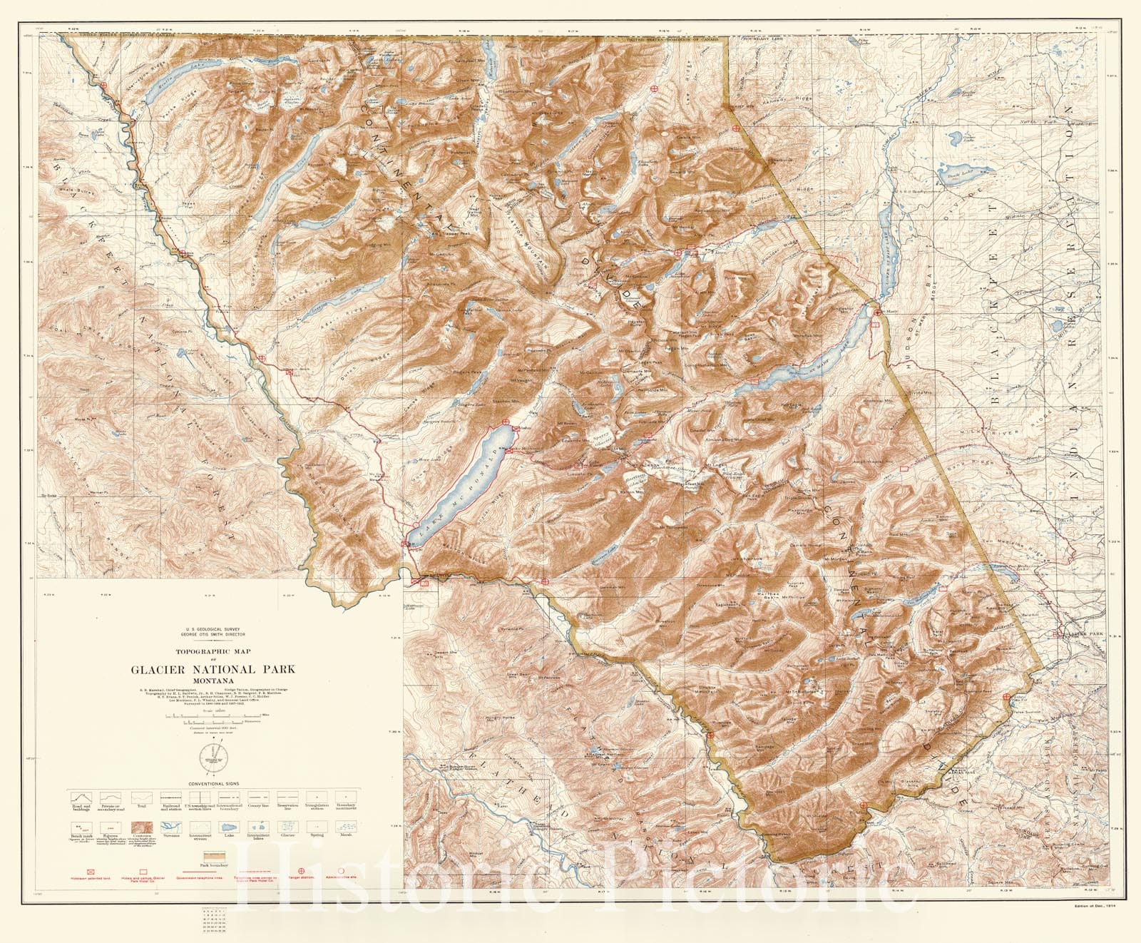 Historic Map : 1914 Topographic Map of Glacier National Park, Montana : Vintage Wall Art