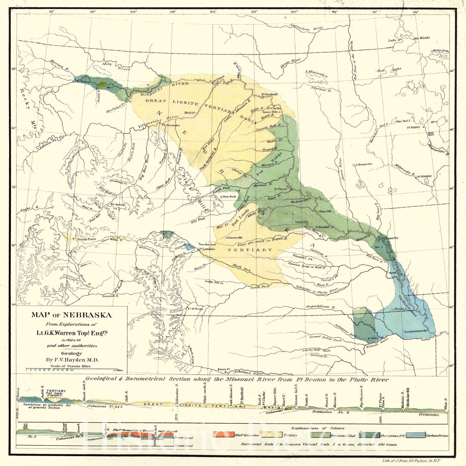 Historic Map : 1856 Map of Nebraska from Explorations of Lt. G.K. Warren, Topographical Engineers, in 1855 and 1856 - Geology : Vintage Wall Art