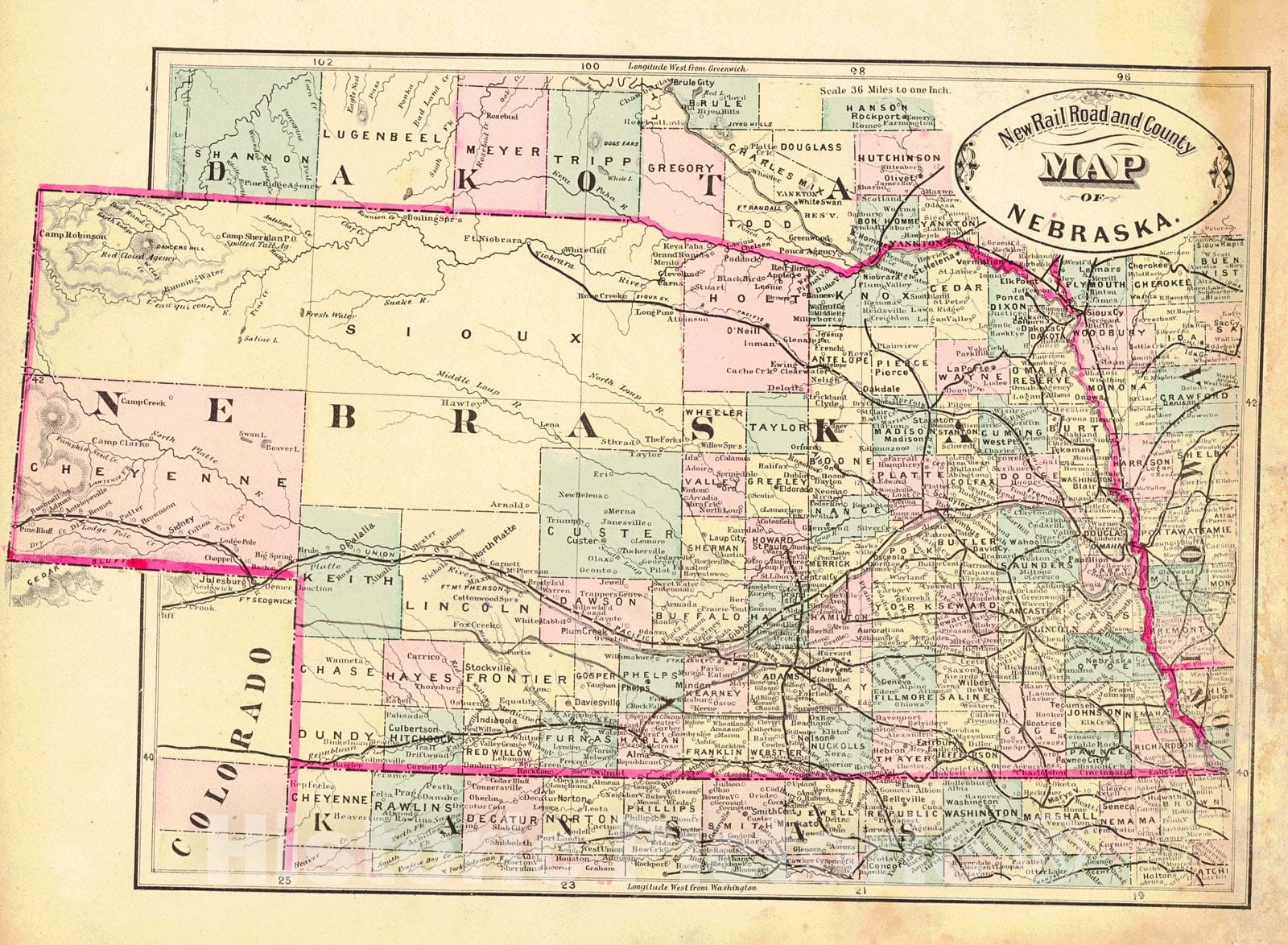 Historic Map : 1883 New Rail Road and County Map of Nebraska  : Vintage Wall Art