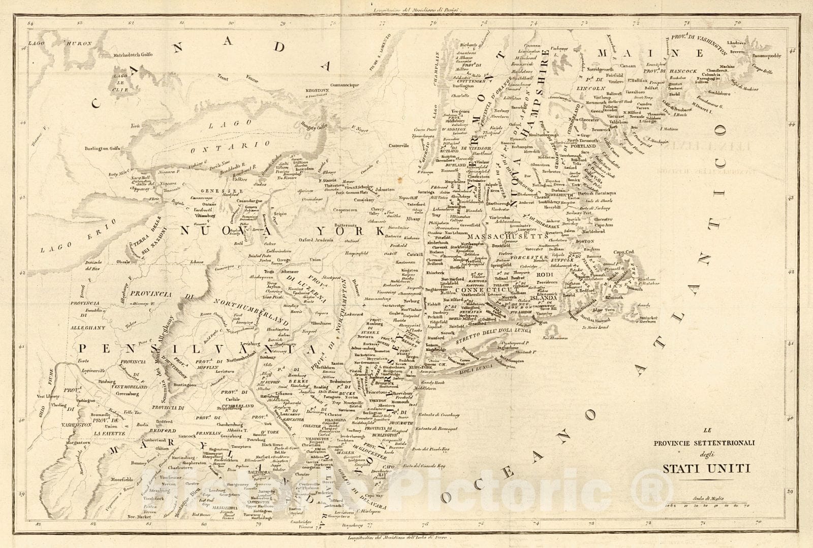Historic Map : 1809 Le Provincie Settentrionali degli Stati Uniti : Vintage Wall Art