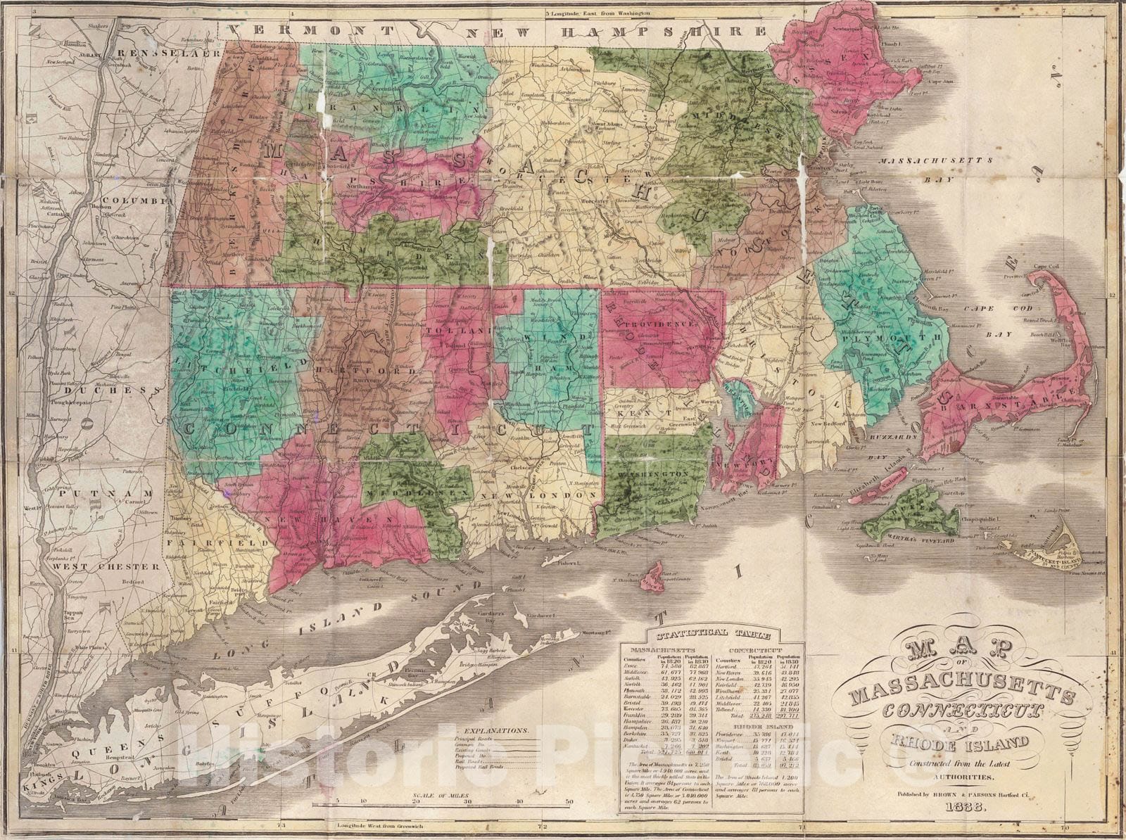 Historic Map : 1838 Map of Massachusetts, Connecticut, and Rhode Island constructed from the Latest Authorities : Vintage Wall Art