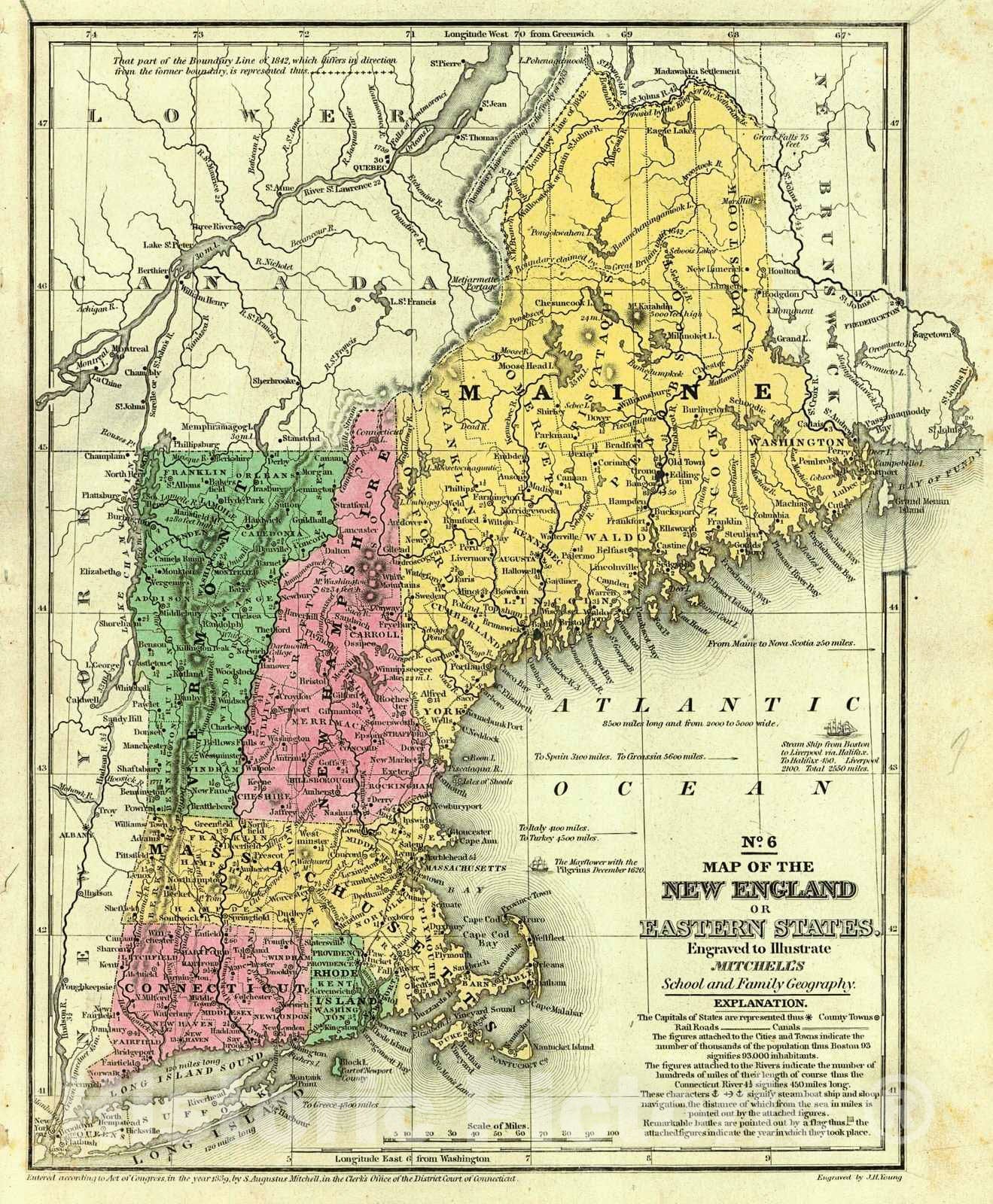 Historic Map : 1839 No.6 Map of the New England or Eastern States : Vintage Wall Art