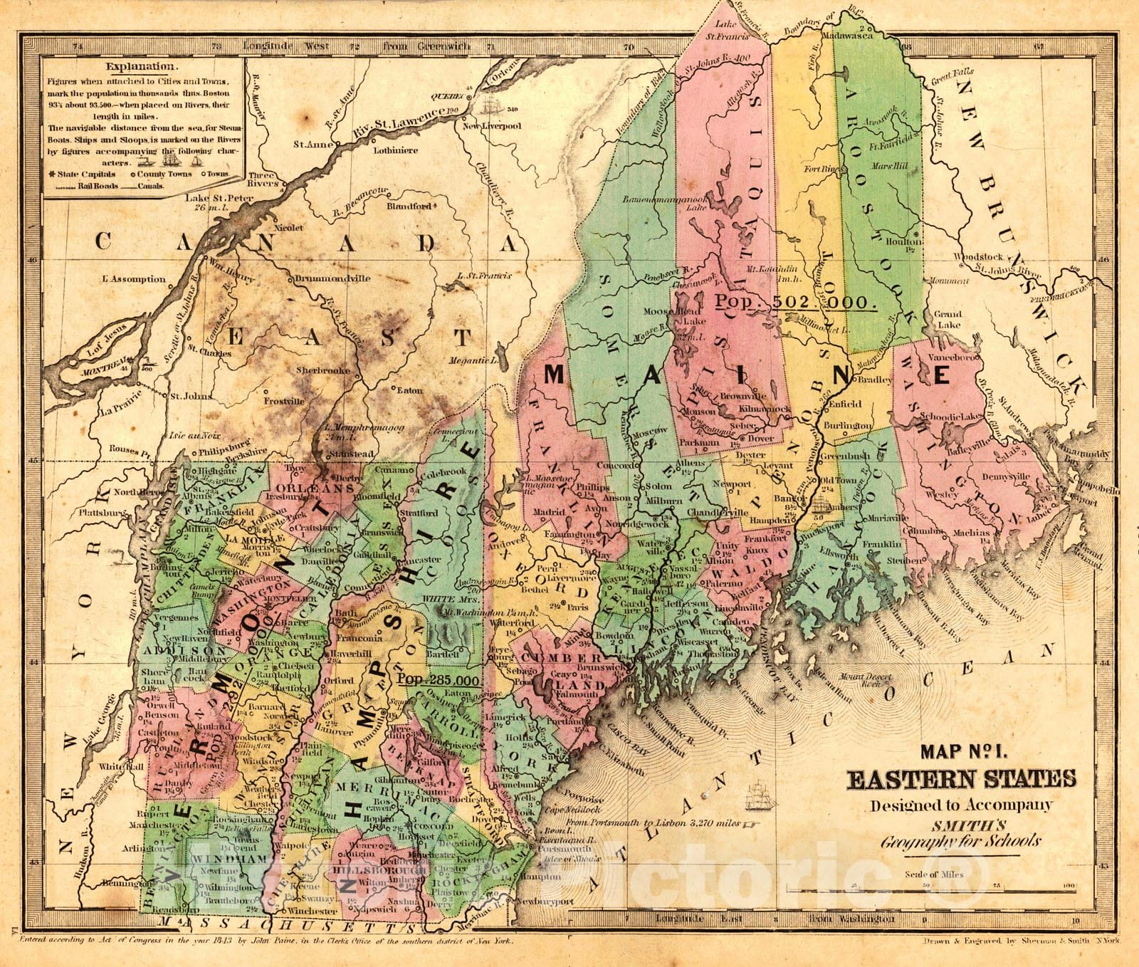 Historic Map : 1844 Map 1 of Eastern States : Vintage Wall Art