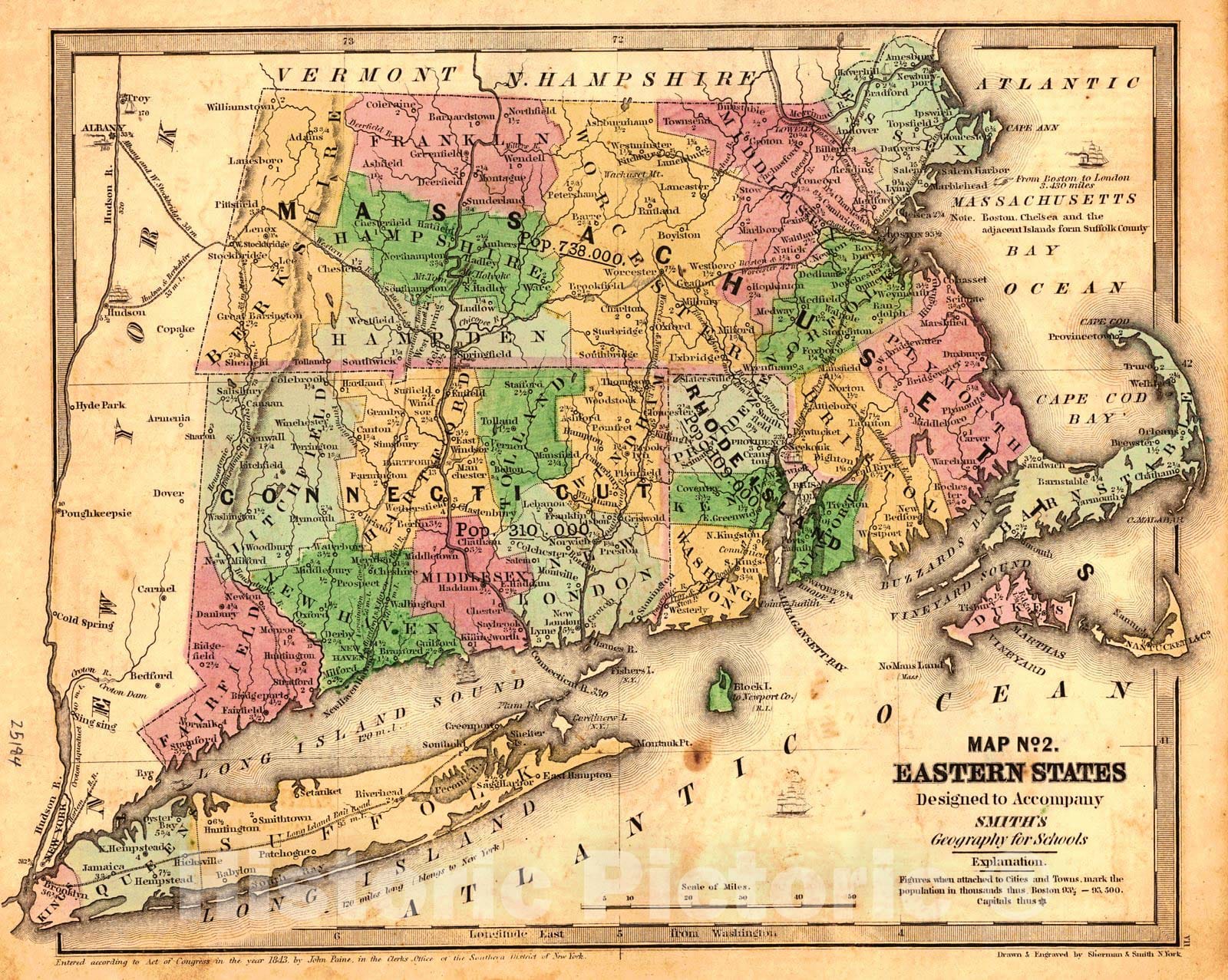 Historic Map : 1844 Map 2 of Eastern States : Vintage Wall Art