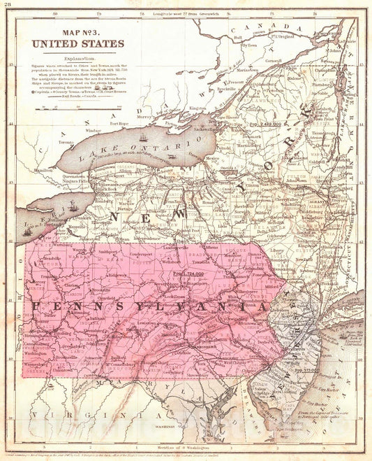 Historic Map : 1850 Map No. 3. United States (New York, Pennsylvania and New Jersey) : Vintage Wall Art