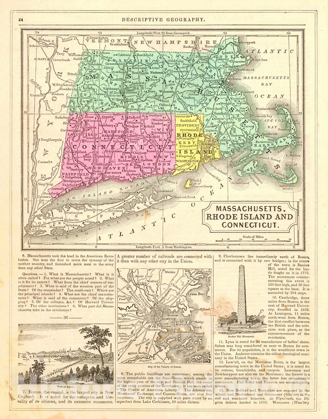 Historic Map : 1851 Massachusetts, Rhode Island, and Connecticut  : Vintage Wall Art