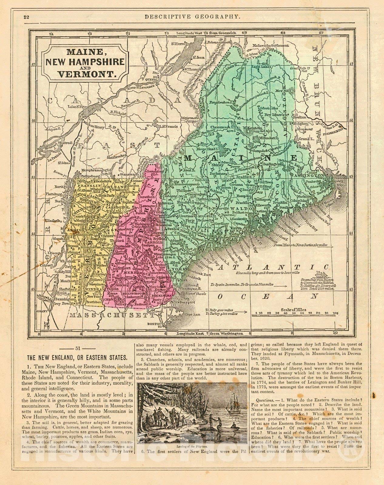 Historic Map : 1851 Maine, New Hamshire, and Vermont : Vintage Wall Art