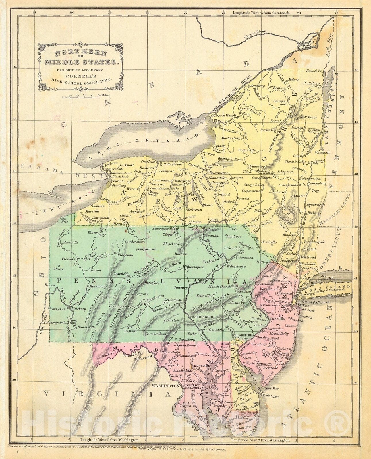 Historic Map : 1855 Northern or Middle States : Vintage Wall Art