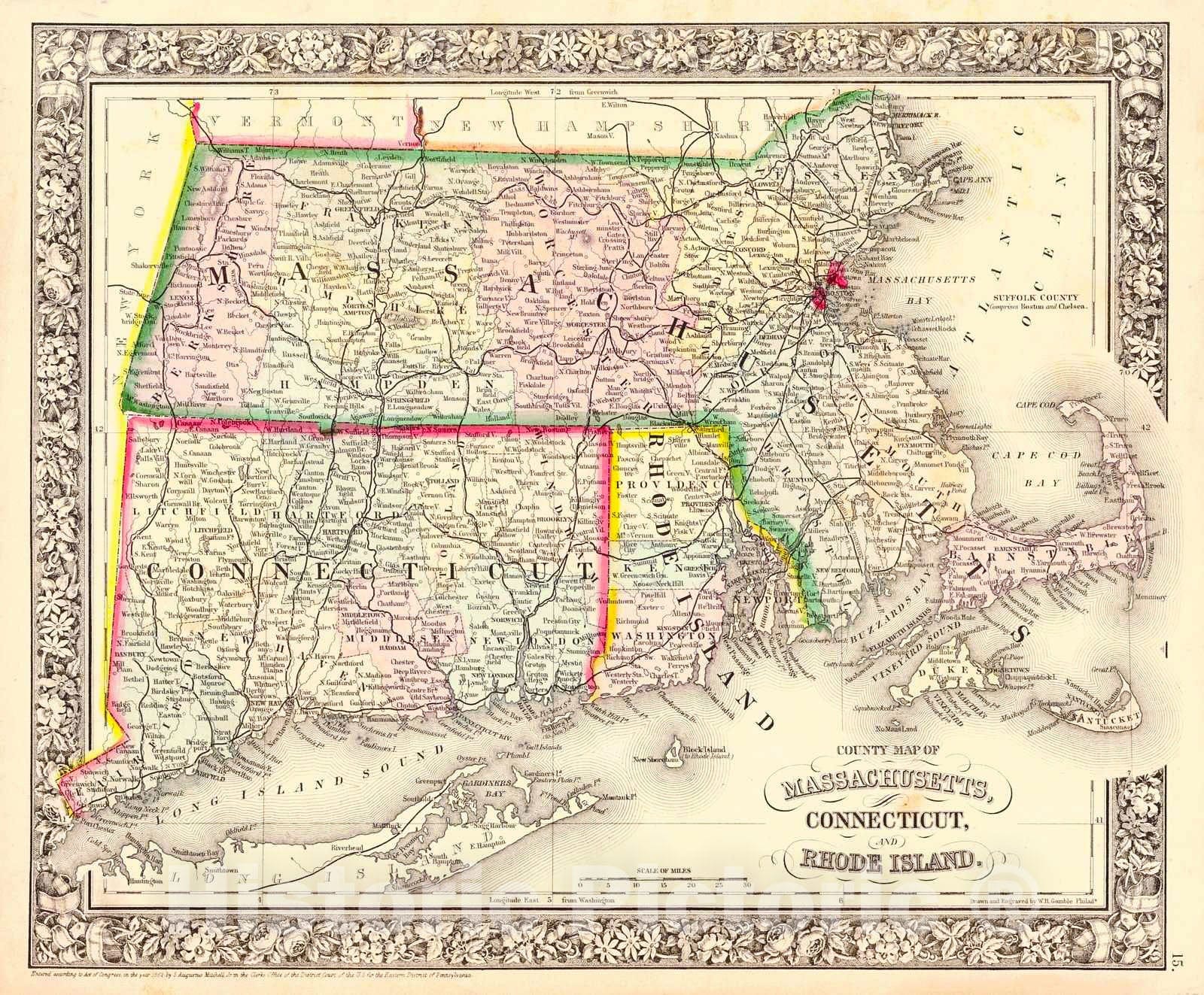 Historic Map : 1863 County Map of Massachusetts, Connecticut, and Rhode Island : Vintage Wall Art