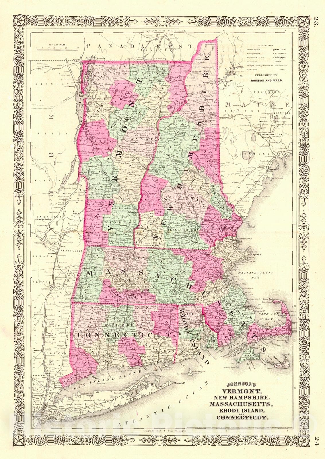 Historic Map : 1864 Johnson's Vermont, New Hampshire, Massachusetts, Rhode Island, and Connecticut : Vintage Wall Art
