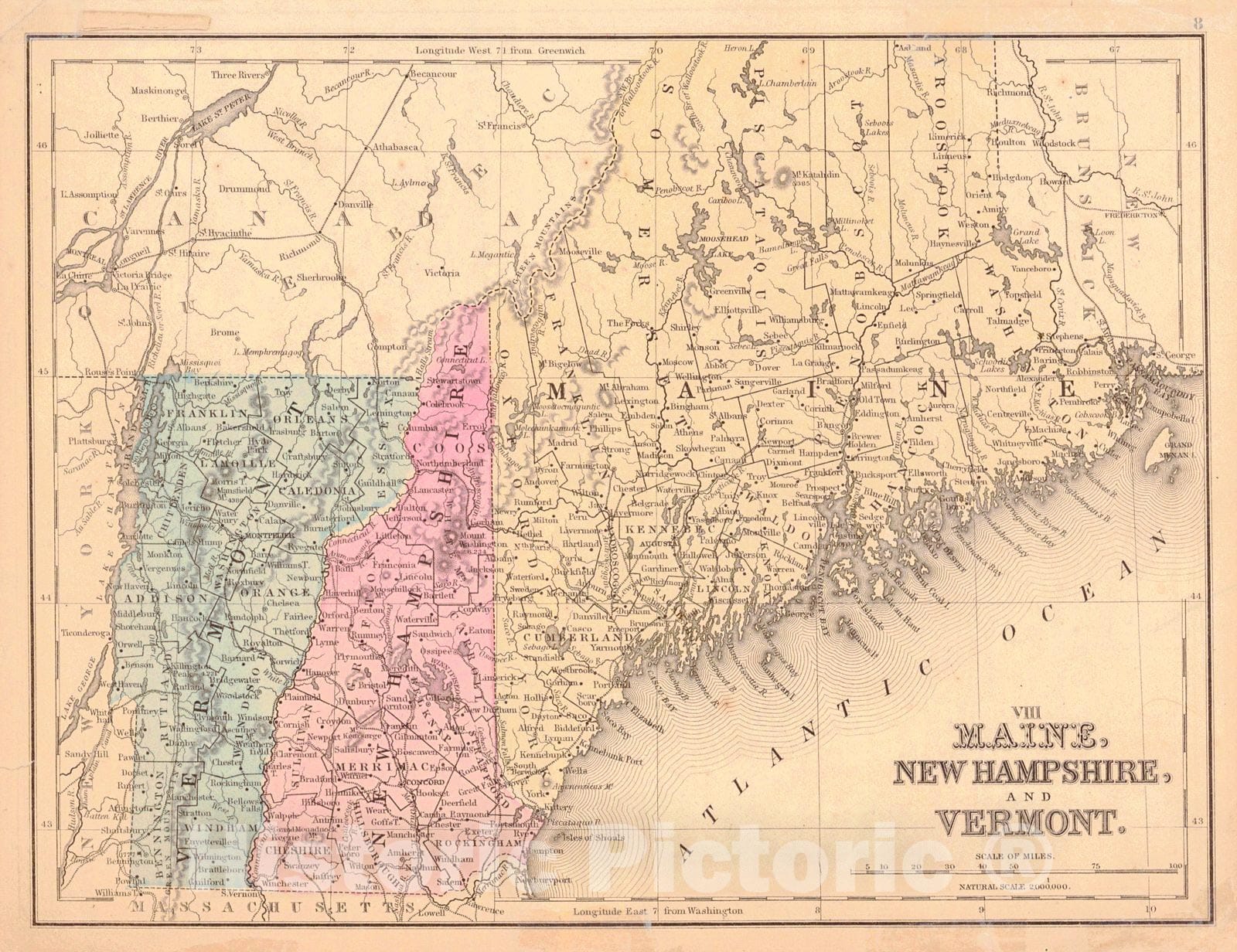 Historic Map : 1865 Maine, New Hampshire, and Vermont (VIII) : Vintage Wall Art