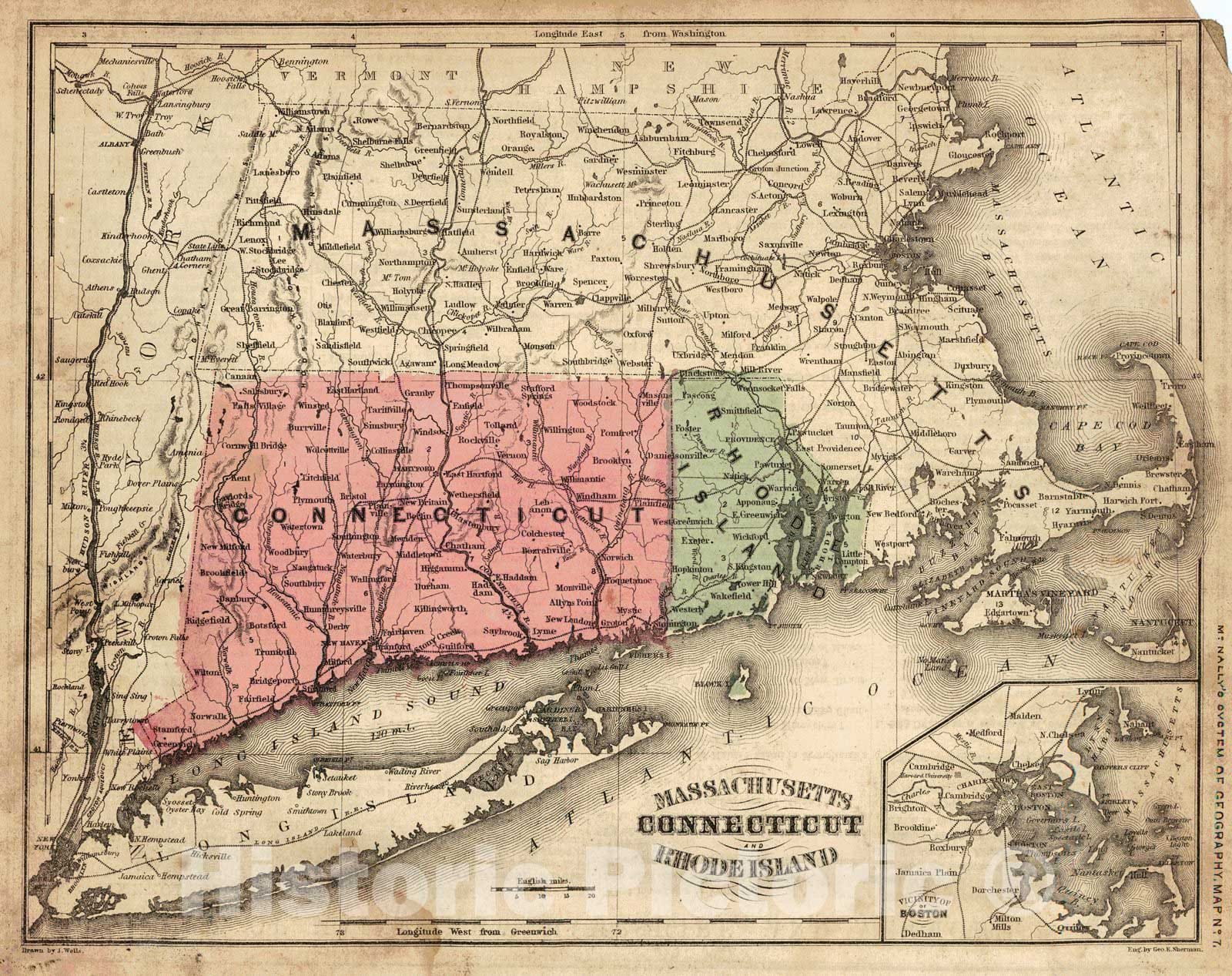 Historic Map : 1865 Massachusetts, Connecticut and Rhode Island : Vintage Wall Art