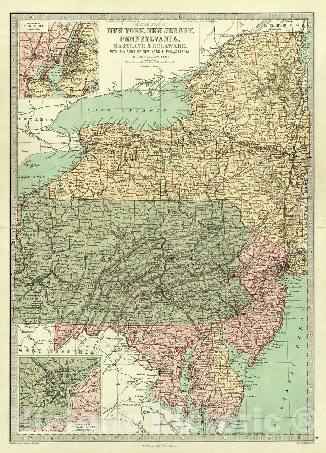 Historic Map : 1873 New York, New Jersey, Pennsylvania, Maryland and Delaware : Vintage Wall Art