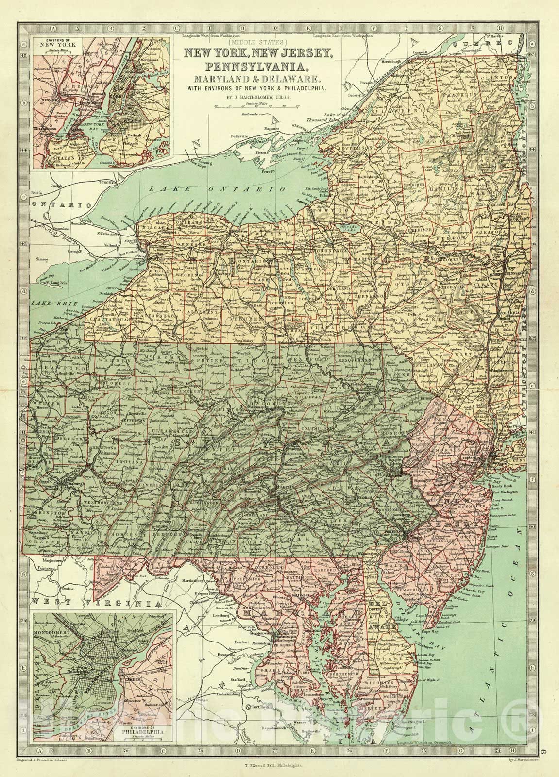 Historic Map : 1873 New York, New Jersey, Pennsylvania, Maryland and Delaware : Vintage Wall Art