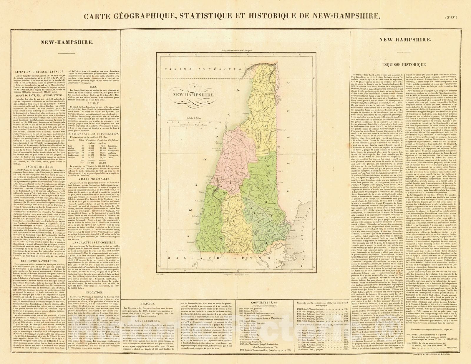 Historic Map : 1825 Carte Geographique, Statistique et Historique de New Hampshire : Vintage Wall Art