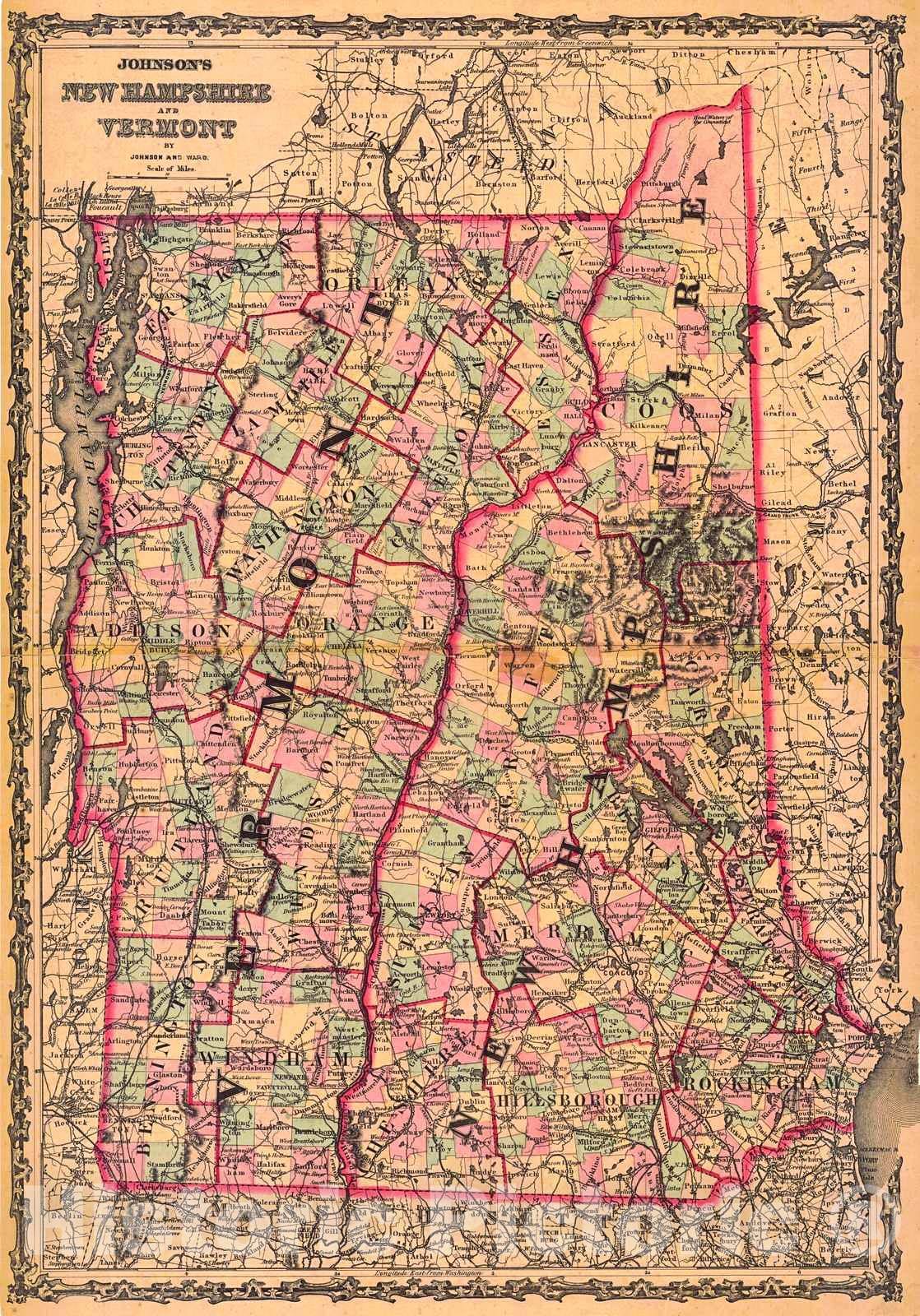 Historic Map : 1862 Johnson's New Hampshire and Vermont : Vintage Wall Art
