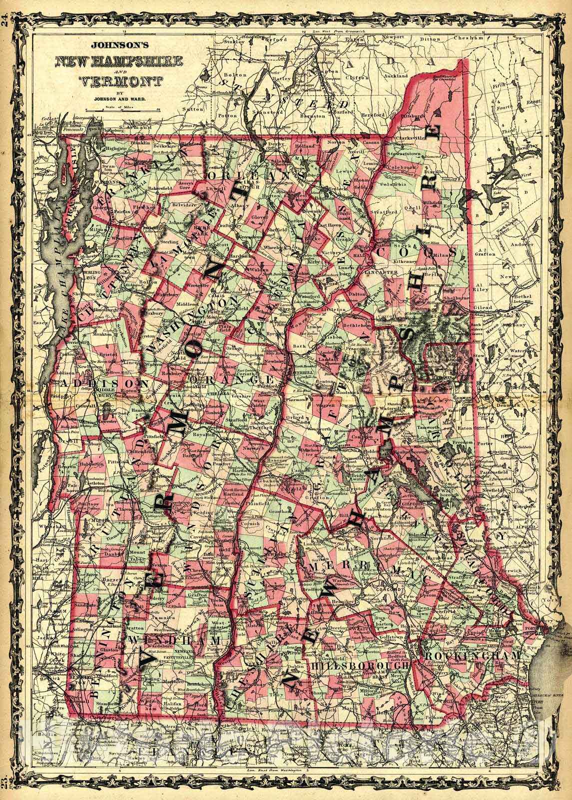 Historic Map : 1864 Johnson's New Hampshire and Vermont : Vintage Wall Art