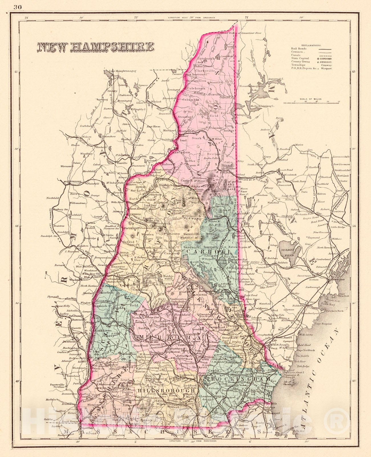 Historic Map : 1876 New Hampshire : Vintage Wall Art