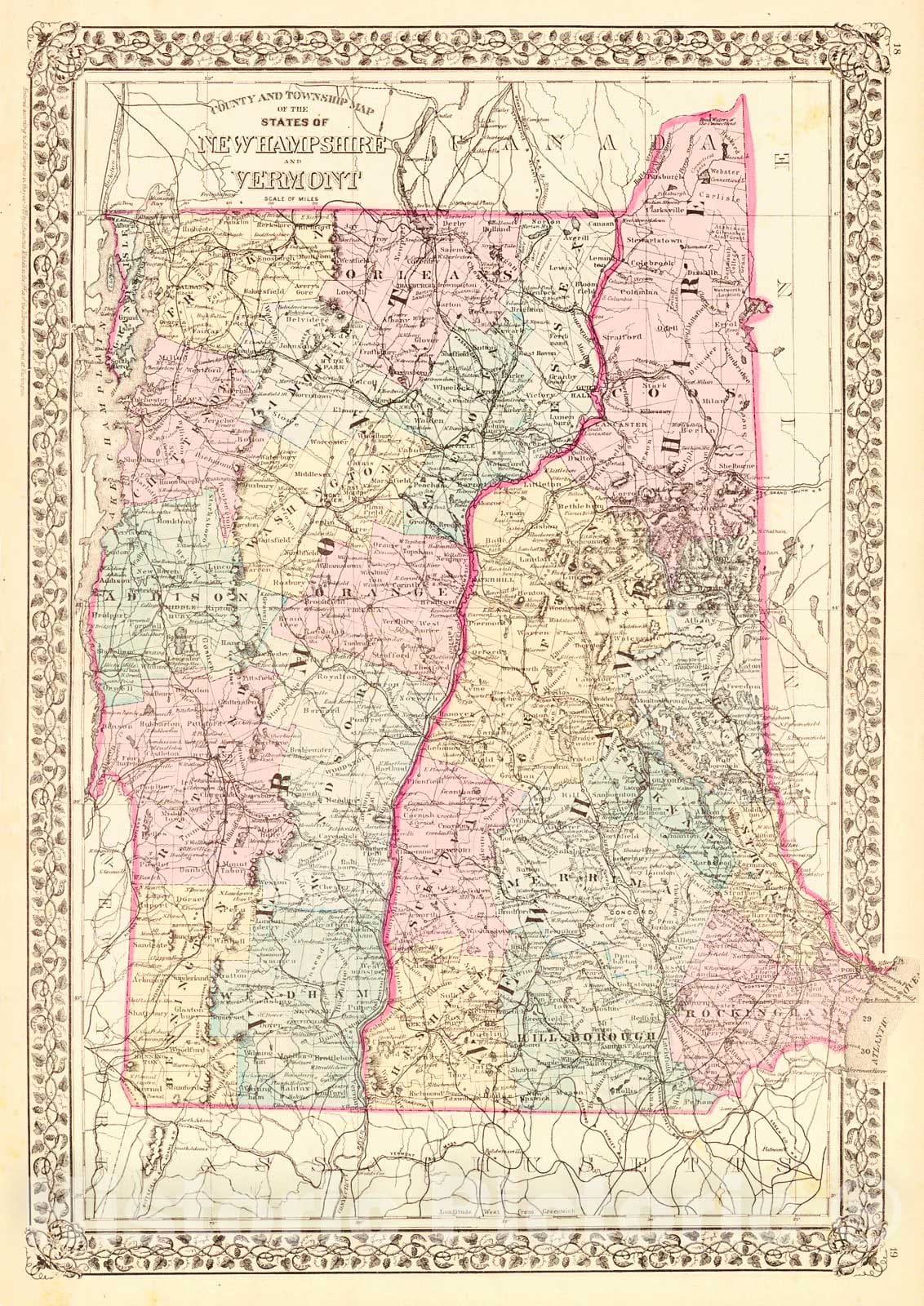 Historic Map : 1880 County and Township Map of New Hampshire and Vermont : Vintage Wall Art