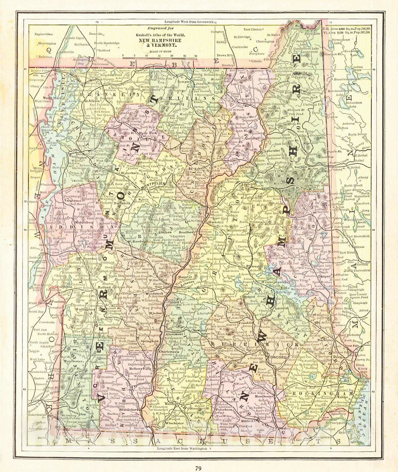 Historic Map : 1887 New Hampshire and Vermont : Vintage Wall Art