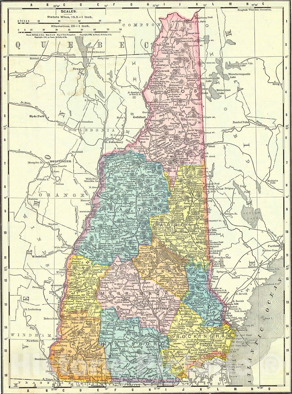 Historic Map : 1898 Rand McNally and Co.'s New Map of New Hampshire : Vintage Wall Art