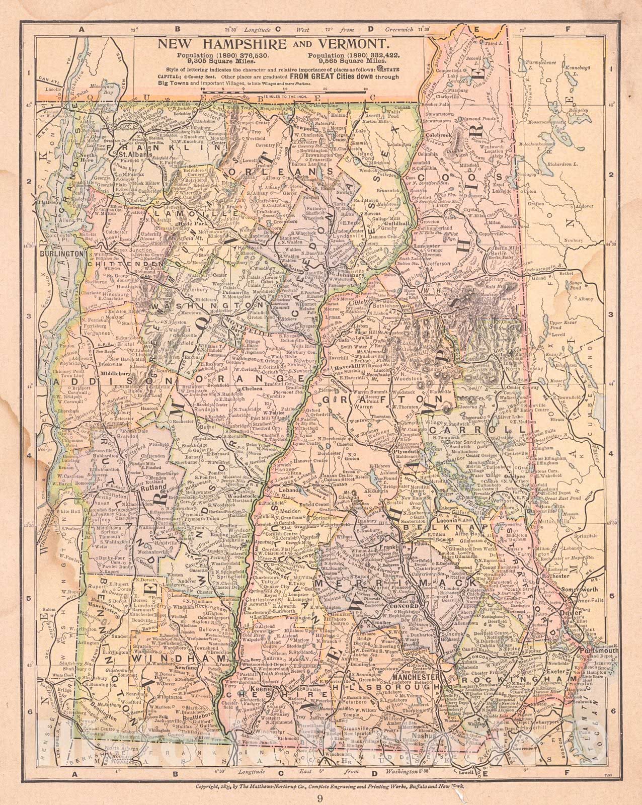 Historic Map : 1898 New Hampshire and Vermont : Vintage Wall Art