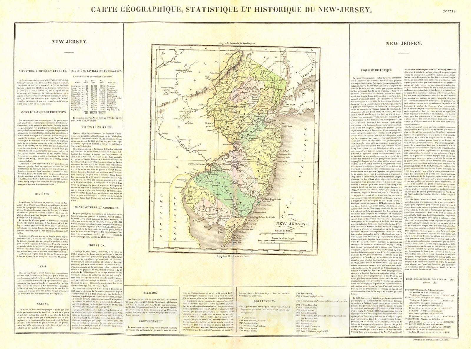 Historic Map : 1825 Carte G&eacute;ographique, Statistique, et Historique du New Jersey : Vintage Wall Art