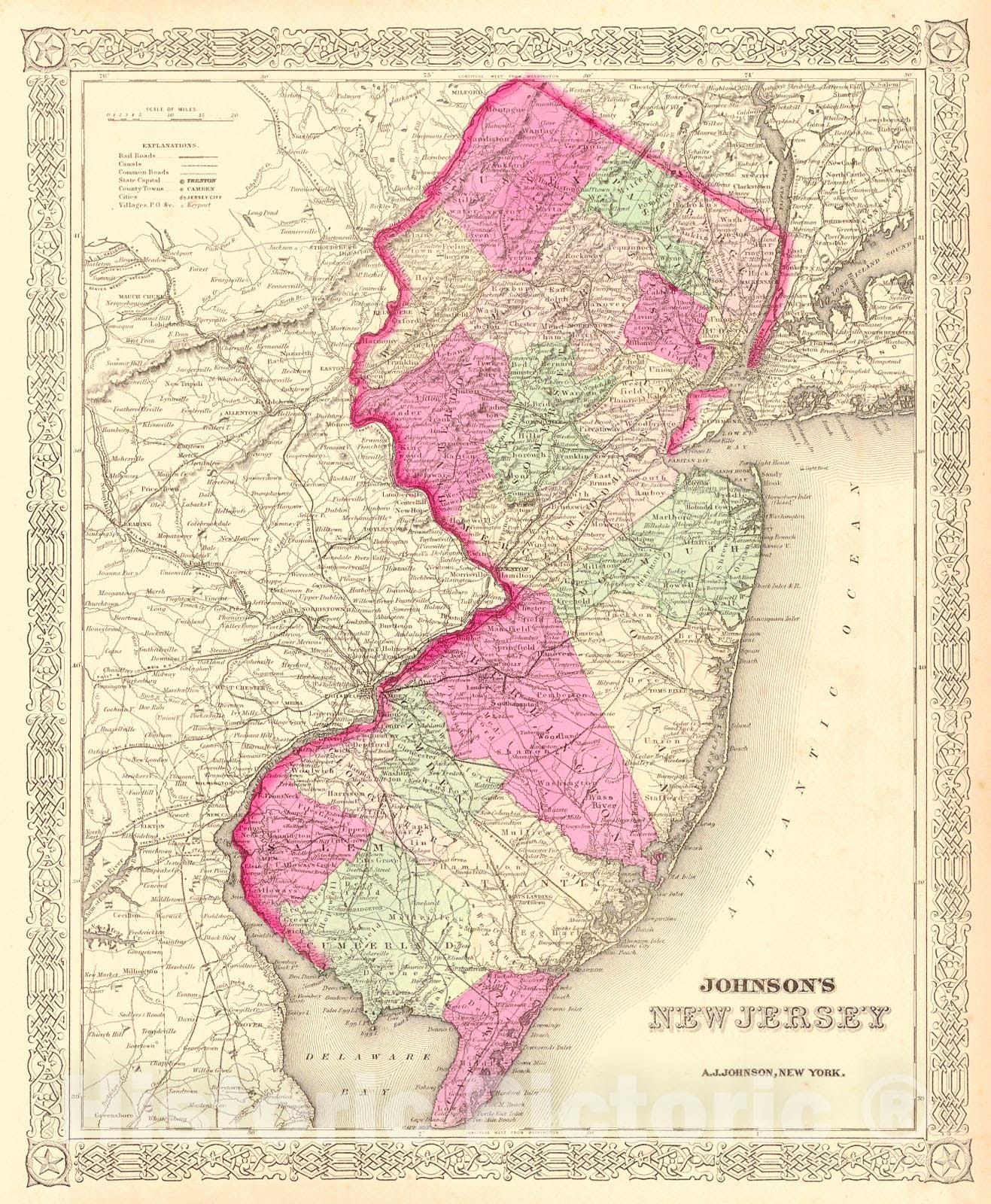 Historic Map : 1866 Johnson's New Jersey : Vintage Wall Art