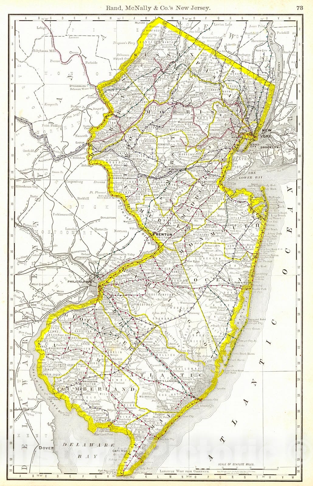 Historic Map : 1889 Rand McNally and Co.'s New Jersey : Vintage Wall Art