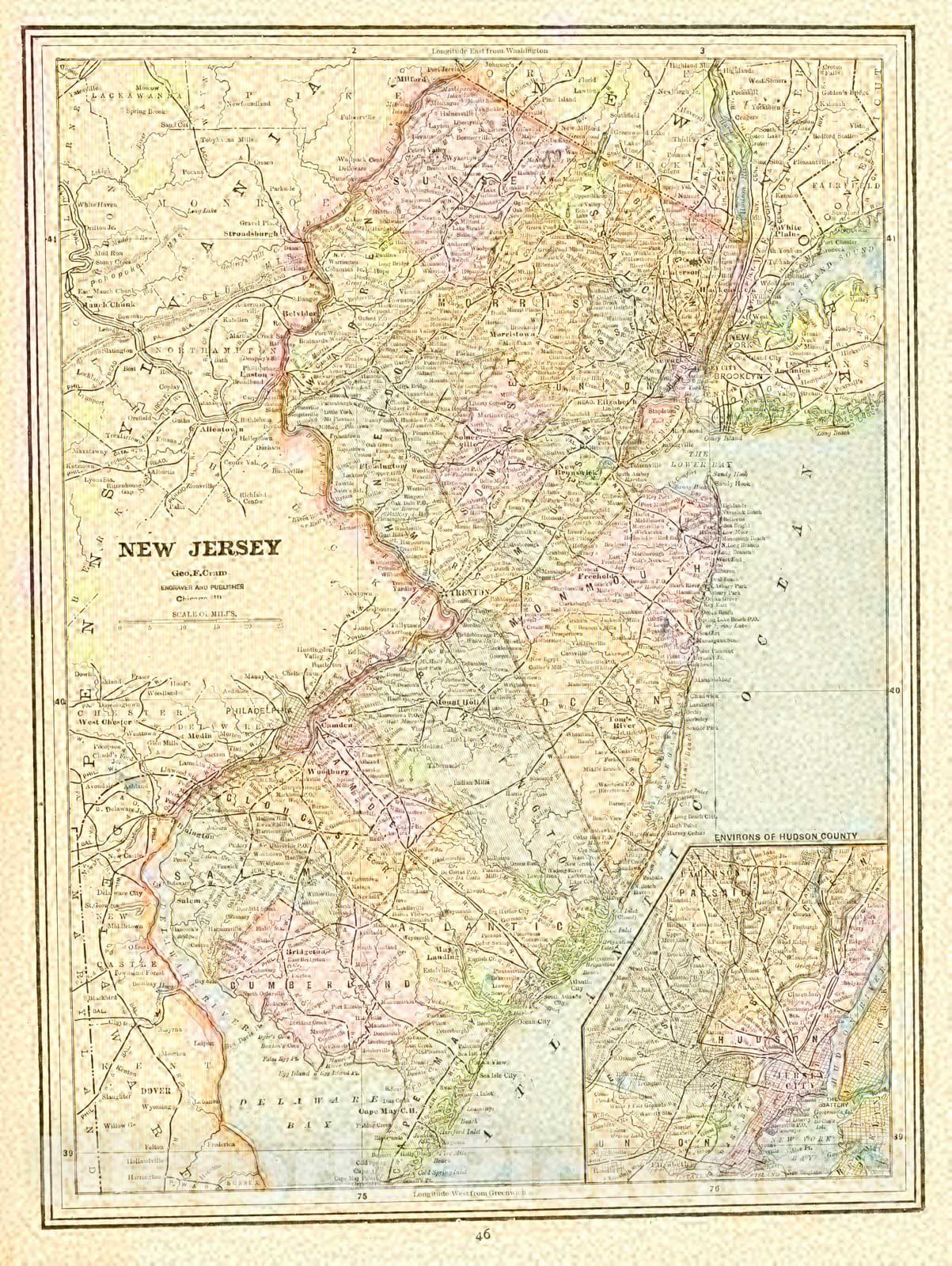 Historic Map : 1890 New Jersey : Vintage Wall Art