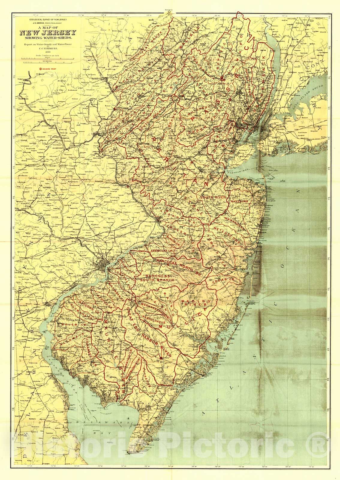 Historic Map : 1891 A Map of New Jersey Showing Water-Sheds : Vintage Wall Art