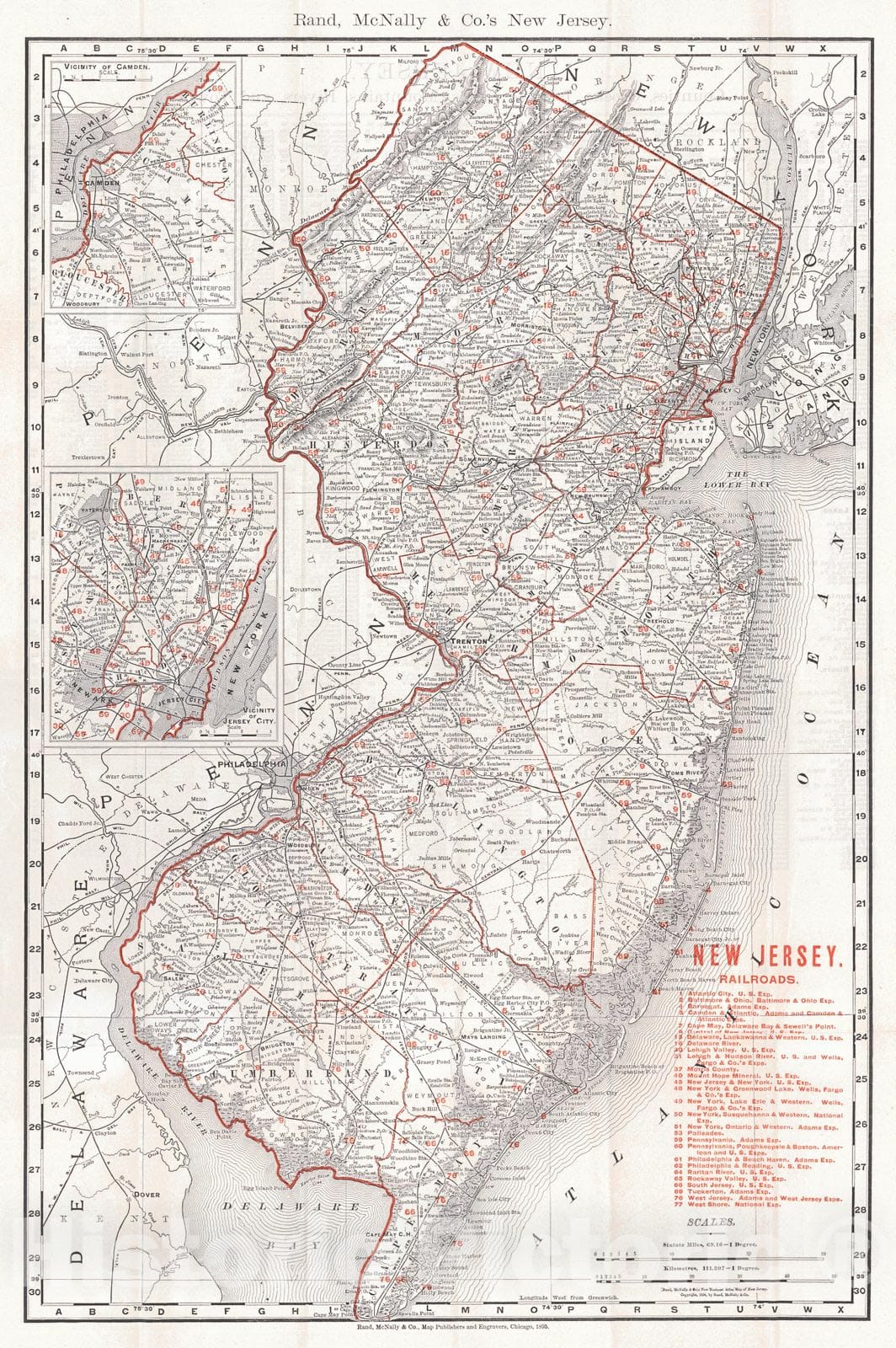 Historic Map : 1895 Rand McNally & Co.'s New Jersey : Vintage Wall Art