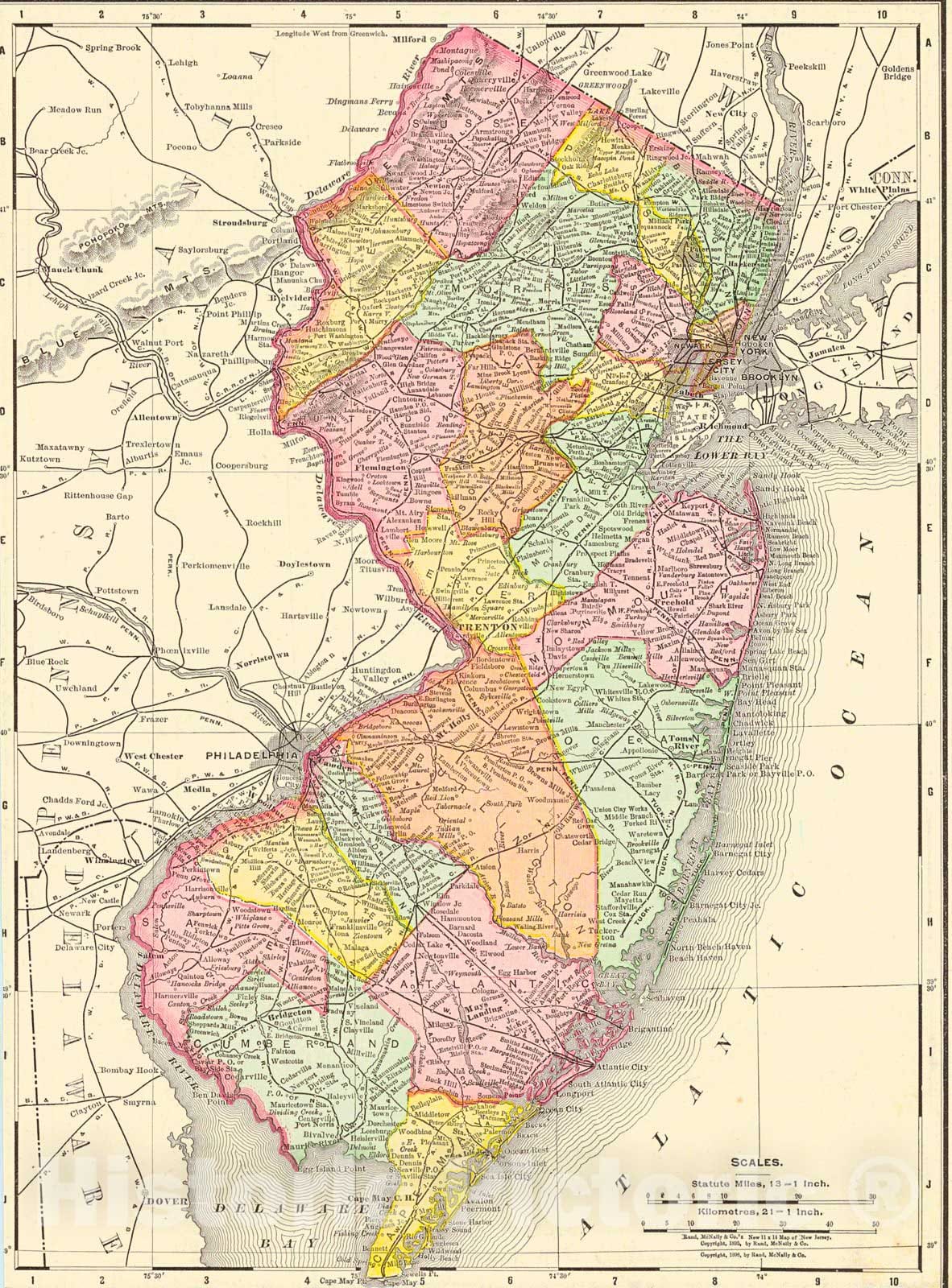 Historic Map : 1898 Rand McNally and Co.'s New 11 x 14 Map of New Jersey : Vintage Wall Art