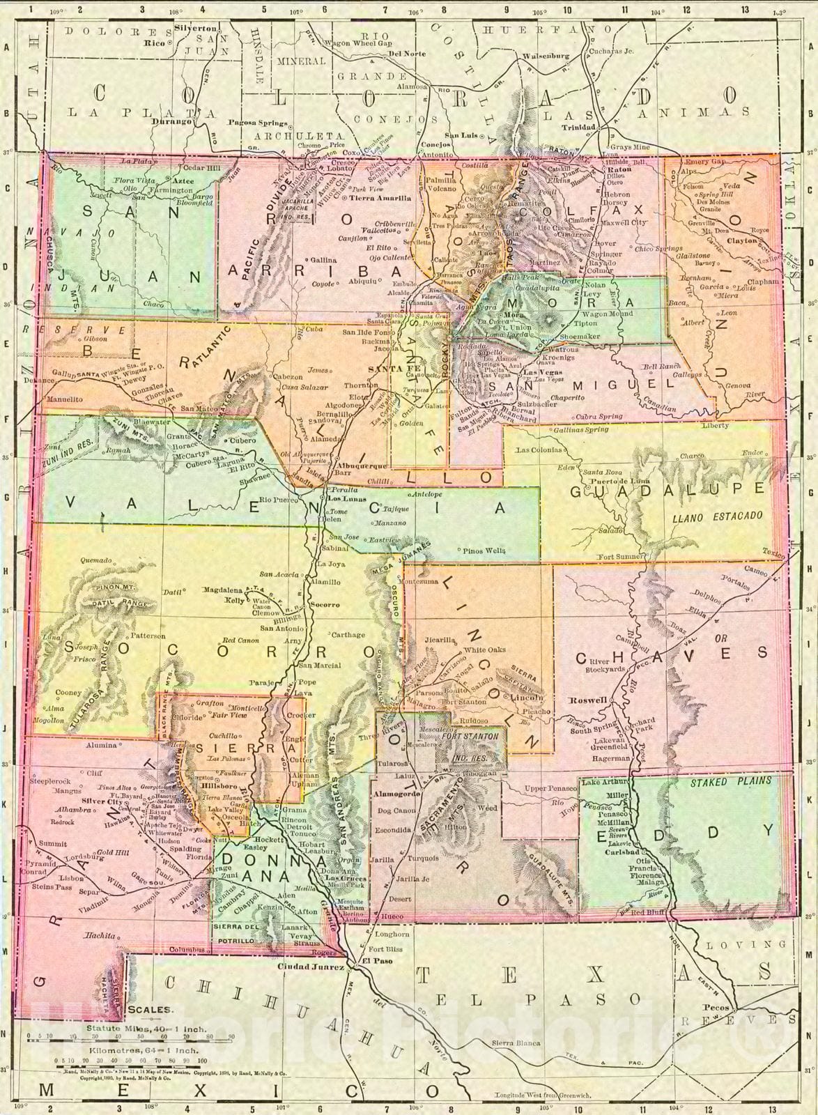 Historic Map : 1898 Rand McNally's New Map of New Mexico  : Vintage Wall Art